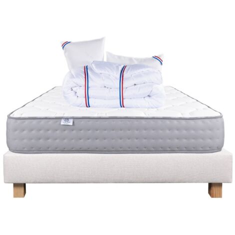 Ensemble Matelas Zen (20 cm), ferme, face été/hiver,Sommier beige (20cm), Oreiller et Couette, 140x190cm