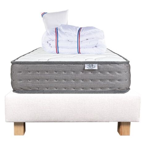 Ensemble Matelas Zen (20 cm), ferme, face été/hiver,Sommier beige (20cm), Oreiller et Couette, 90x190cm
