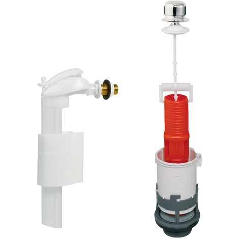 Ensemble mécanisme de wc simple chasse à tirette MX2 et robinet flotteur servo-valve latéral F90 Wirquin MX90NC, gris et rouge
