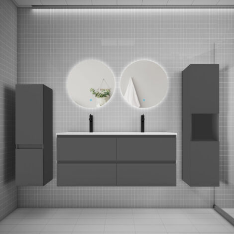 Ensemble meuble anthracite et lavabo L.120cm 4 tiroirs + colonne2 haut + lavabo + miroir 60x60cm2-suspendu
