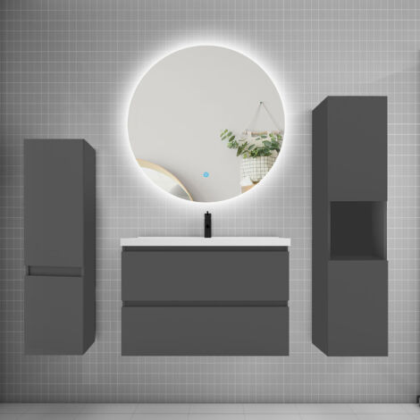 Ensemble meuble anthracite et lavabo L.80cm 2 tiroirs + colonne2 haut + lavabo + miroir 60x60cm-suspendu
