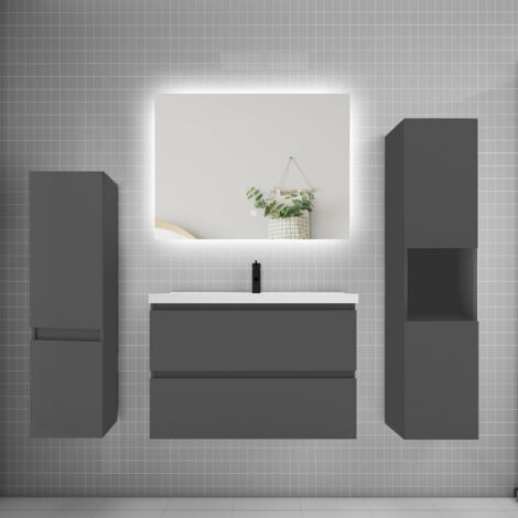 Ensemble meuble anthracite et lavabo L.80cm 2 tiroirs + colonne2 haut + lavabo + miroir 80x60cm-suspendu