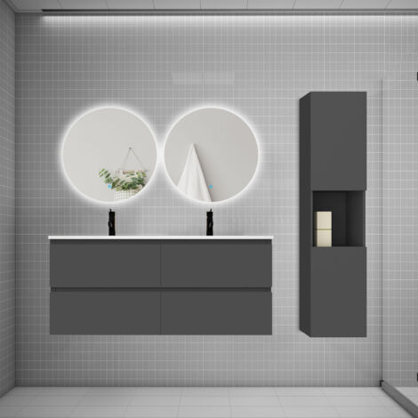 Ensemble meuble anthracite et vasque L.120cm 4 tiroirs + colonne1 haut + lavabo + miroir 60x60cm2-suspendu