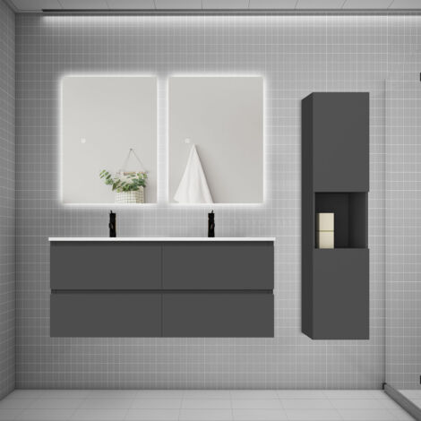 Ensemble meuble anthracite et vasque L.120cm 4 tiroirs + colonne1 haut + lavabo + miroir 80x60cm2-suspendu
