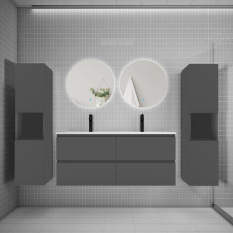 Ensemble meuble anthracite et vasque L.120cm 4 tiroirs + colonne2 haut + lavabo + miroir 60x60cm2-suspendu