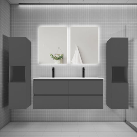 Ensemble meuble anthracite et vasque L.120cm 4 tiroirs + colonne2 haut + lavabo + miroir 80x60cm2-suspendu