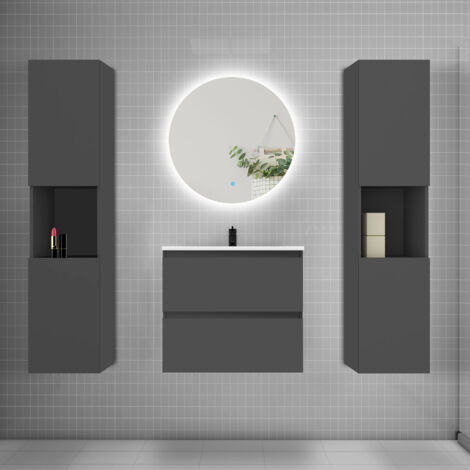 Ensemble meuble anthracite et vasque L.60cm 2 tiroirs + colonne2 haut + lavabo + miroir 60x60cm-suspendu