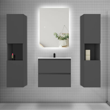 Ensemble meuble anthracite et vasque L.60cm 2 tiroirs + colonne2 haut + lavabo + miroir 80x60cm-suspendu