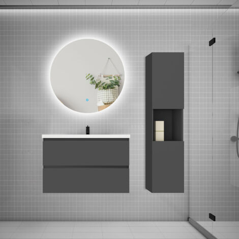 Ensemble meuble anthracite et vasque L.80cm 2 tiroirs + colonne1 haut + lavabo + miroir 60x60cm-suspendu