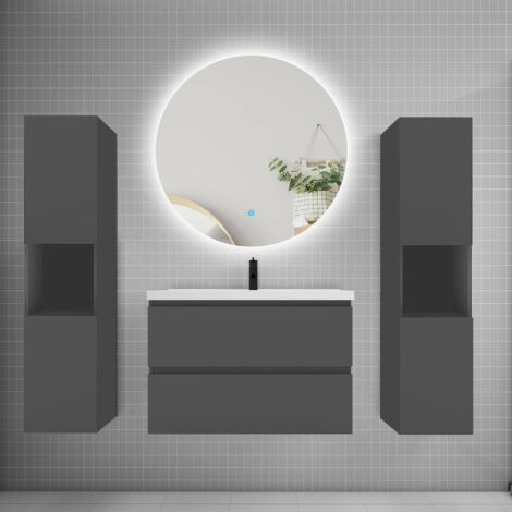 Ensemble meuble anthracite et vasque L.80cm 2 tiroirs + colonne2 haut + lavabo + miroir 60x60cm-suspendu