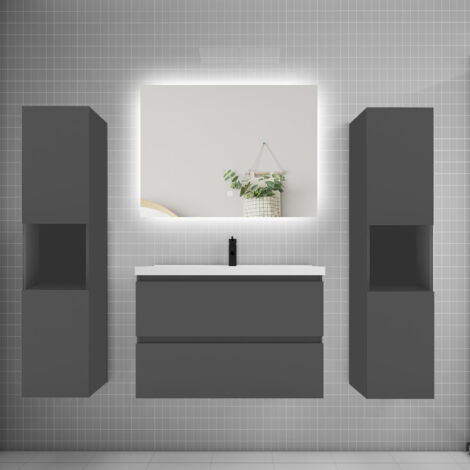 Ensemble meuble anthracite et vasque L.80cm 2 tiroirs + colonne2 haut + lavabo + miroir 80x60cm-suspendu