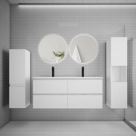 Ensemble meuble blanc et lavabo L.120cm 4 tiroirs + colonne2 haut + lavabo + miroir 60x60cm2-suspendu