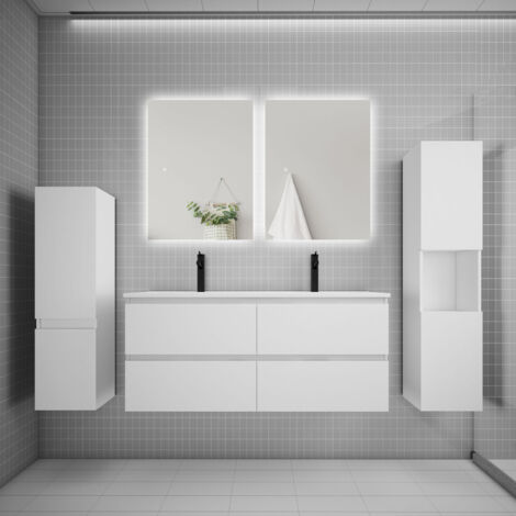 Ensemble meuble blanc et lavabo L.120cm 4 tiroirs + colonne2 haut + lavabo + miroir 80x60cm2-suspendu