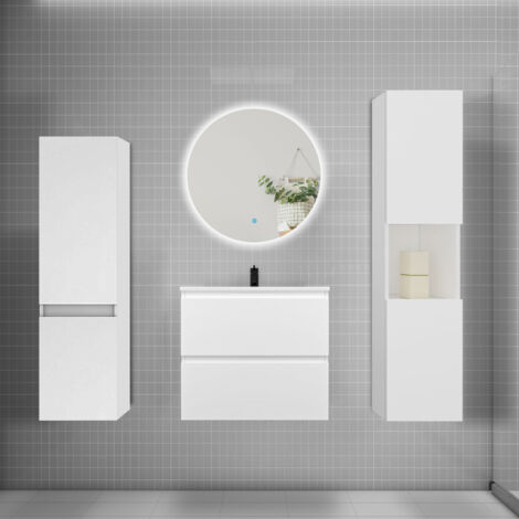 Ensemble meuble blanc et lavabo L.60cm 2 tiroirs + colonne2 haut + lavabo + miroir 60x60cm-suspendu