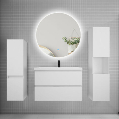 Ensemble meuble blanc et lavabo L.80cm 2 tiroirs + colonne2 haut + lavabo + miroir 60x60cm-suspendu