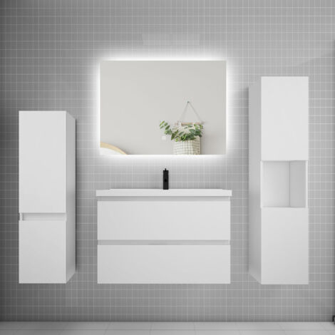 Ensemble meuble blanc et lavabo L.80cm 2 tiroirs + colonne2 haut + lavabo + miroir 80x60cm-suspendu