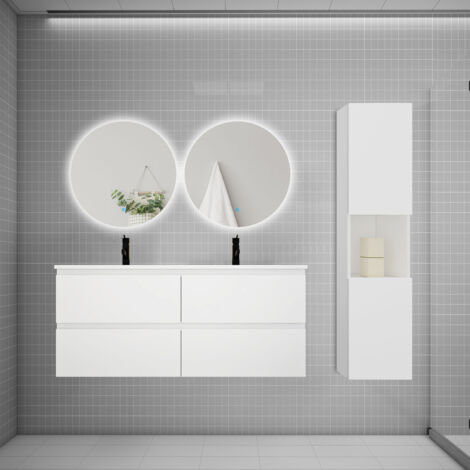 Ensemble meuble blanc et vasque L.120cm 4 tiroirs + colonne1 haut + lavabo + miroir 60x60cm2-suspendu