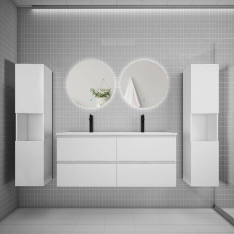 Ensemble meuble blanc et vasque L.120cm 4 tiroirs + colonne2 haut + lavabo + miroir 60x60cm2-suspendu