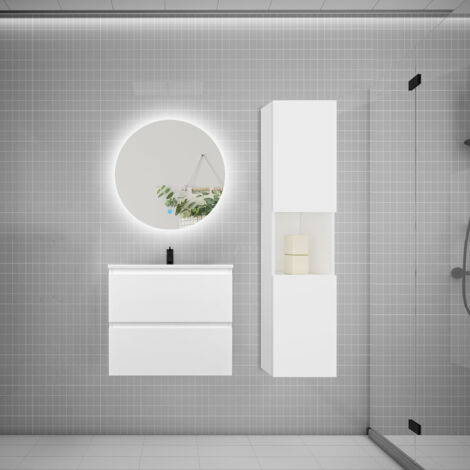 Ensemble meuble blanc et vasque L.60cm 2 tiroirs + colonne1 haut + lavabo + miroir 60x60cm-suspendu
