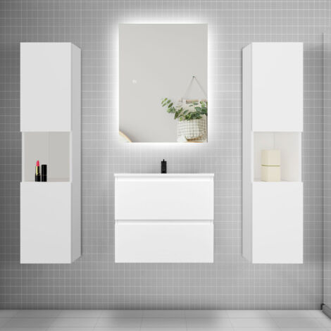 Ensemble meuble blanc et vasque L.60cm 2 tiroirs + colonne2 haut + lavabo + miroir 80x60cm-suspendu