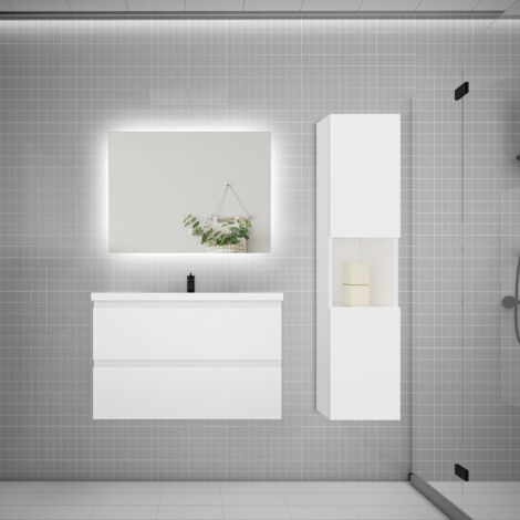 Ensemble meuble blanc et vasque L.80cm 2 tiroirs + colonne1 haut + lavabo + miroir 80x60cm-suspendu