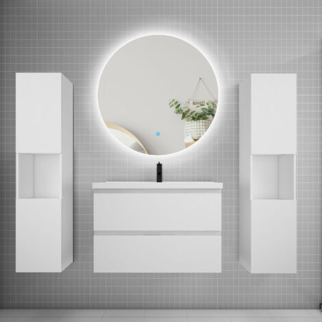 Ensemble meuble blanc et vasque L.80cm 2 tiroirs + colonne2 haut + lavabo + miroir 60x60cm-suspendu