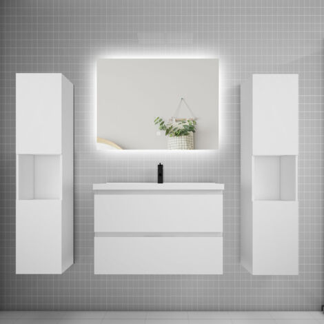 Ensemble meuble blanc et vasque L.80cm 2 tiroirs + colonne2 haut + lavabo + miroir 80x60cm-suspendu
