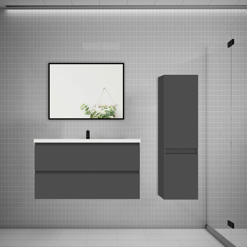 Biubiubath - Ensemble meuble Anthracite et vasque L.99cm 2 tiroirs + colonne haut + lavabo + miroir-suspendu