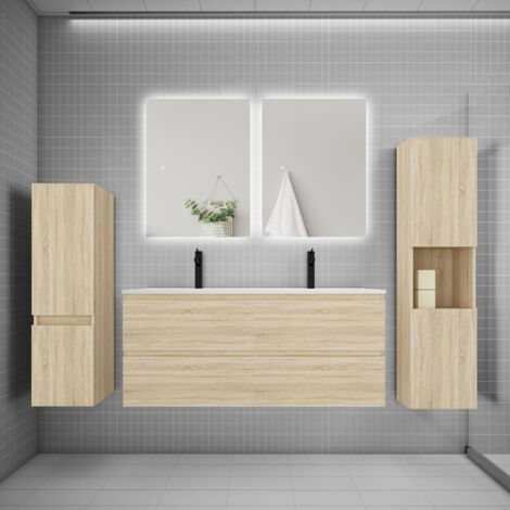 Ensemble meuble chêne et lavabo L.120cm 2 tiroirs + colonne2 haut + lavabo + miroir 80x60cm2-suspendu