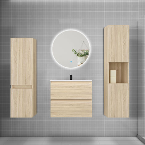 Ensemble meuble chêne et lavabo L.60cm 2 tiroirs + colonne2 haut + lavabo + miroir 60x60cm-suspendu
