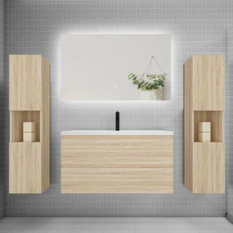 Ensemble meuble chêne et vasque L.100cm 2 tiroirs + colonne2 haut + lavabo + miroir 80x60cm-suspendu