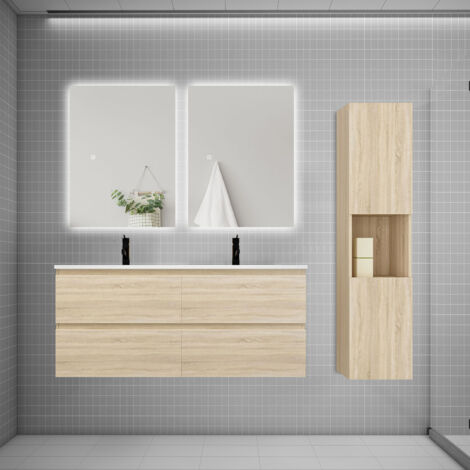Ensemble meuble chêne et vasque L.120cm 4 tiroirs + colonne1 haut + lavabo + miroir 80x60cm2-suspendu