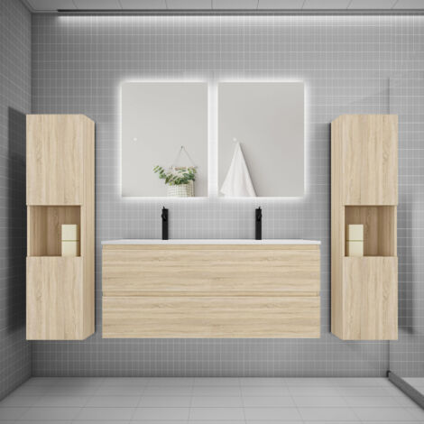 Ensemble meuble chêne et vasque L.120cm 4 tiroirs + colonne2 haut + lavabo + miroir 80x60cm2-suspendu