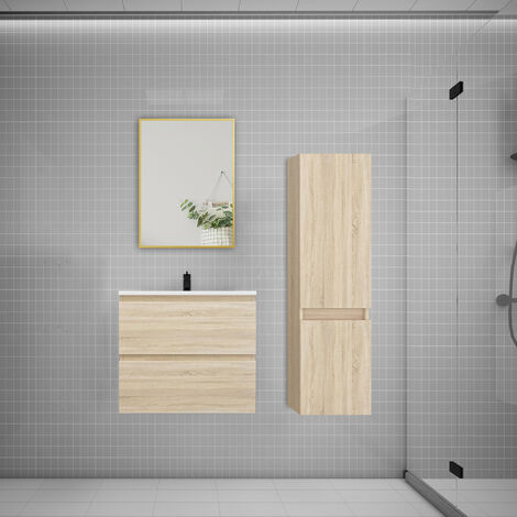 Ensemble meuble Chêne et vasque L.60cm 2 tiroirs + colonne haut + lavabo + miroir-suspendu
