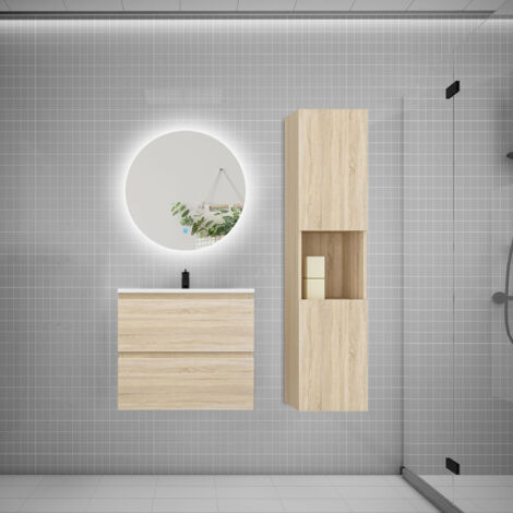 Ensemble meuble chêne et vasque L.60cm 2 tiroirs + colonne1 haut + lavabo + miroir 60x60cm-suspendu