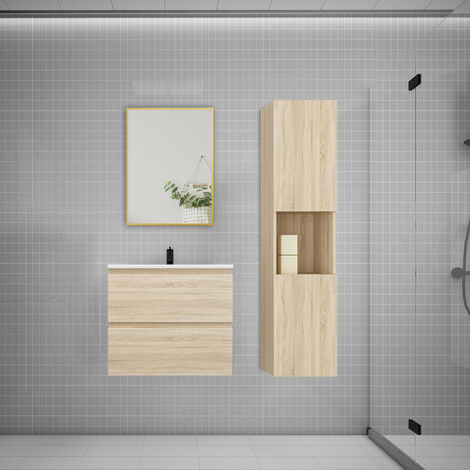 Ensemble meuble Chêne et vasque L.60cm 2 tiroirs + colonne1 haut + lavabo + miroir 70x50cm-suspendu