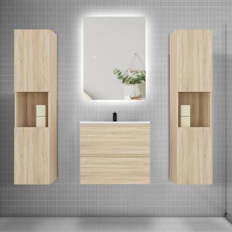 Ensemble meuble chêne et vasque L.60cm 2 tiroirs + colonne2 haut + lavabo + miroir 80x60cm-suspendu