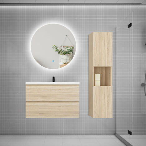 Ensemble meuble chêne et vasque L.80cm 2 tiroirs + colonne1 haut + lavabo + miroir 60x60cm-suspendu