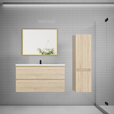 Ensemble meuble Chêne et vasque L.99cm 2 tiroirs + colonne haut + lavabo + miroir-suspendu