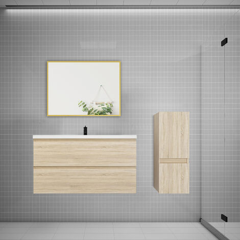 Ensemble meuble Chêne et vasque L.99cm 2 tiroirs + colonne + lavabo + miroir-suspendu