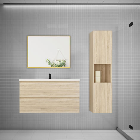 Ensemble meuble Chêne et vasque L.99cm 2 tiroirs + colonne1 haut + lavabo + miroir 80x60cm-suspendu
