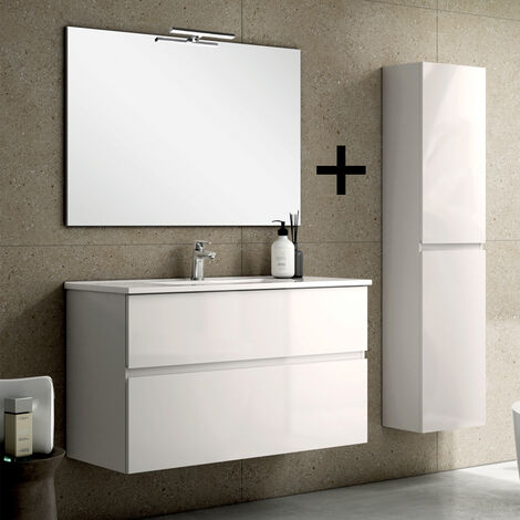 Ensemble meuble de salle de bain 100cm simple vasque + colonne de rangement - blanc - MIG