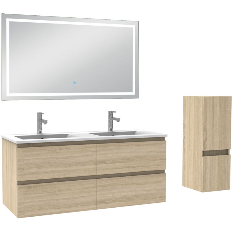 Biubiubath - Ensemble meuble de salle de bain 120cm, vasque céramique + colonne bas + led miroir mural, chêne