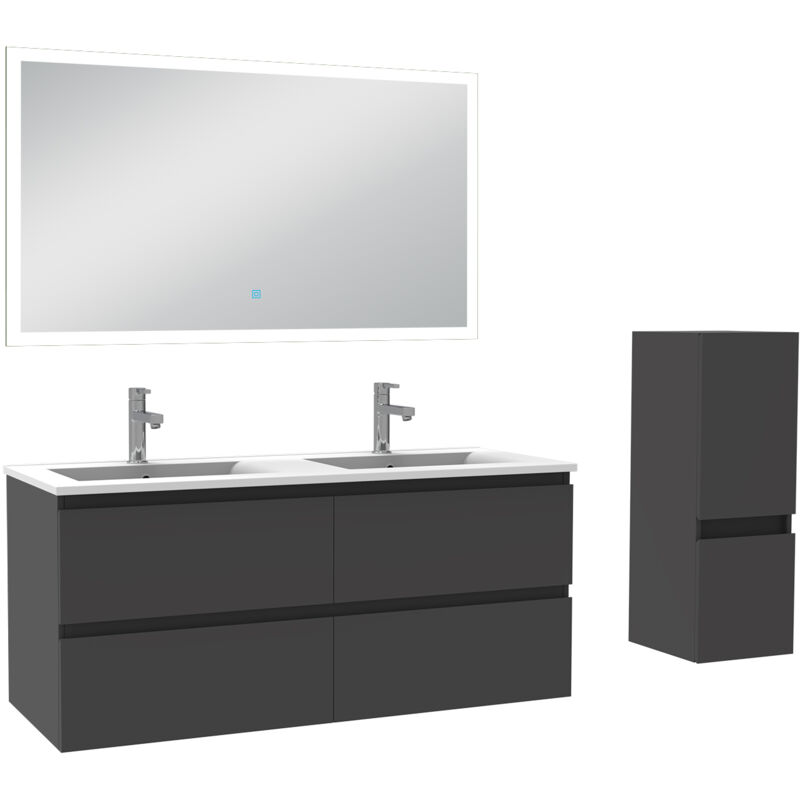 Ensemble meuble de salle de bain 120cm, vasque céramique + colonne bas + miroir lumineux, anthracite