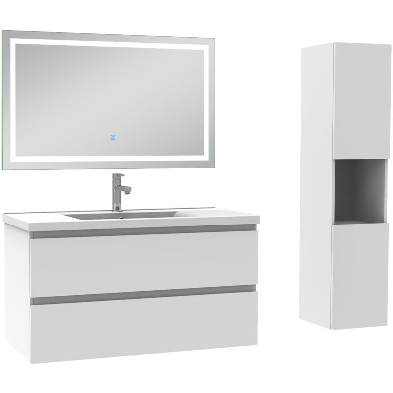 Biubiubath - Ensemble meuble de salle de bain 100cm, vasque céramique + colonne haut + led miroir mural, blanc