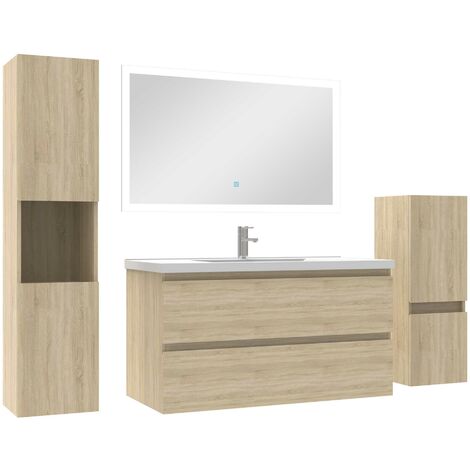 Ensemble meuble de salle de bain 100cm vasque + colonne de rangement + miroir Chêne Wotan