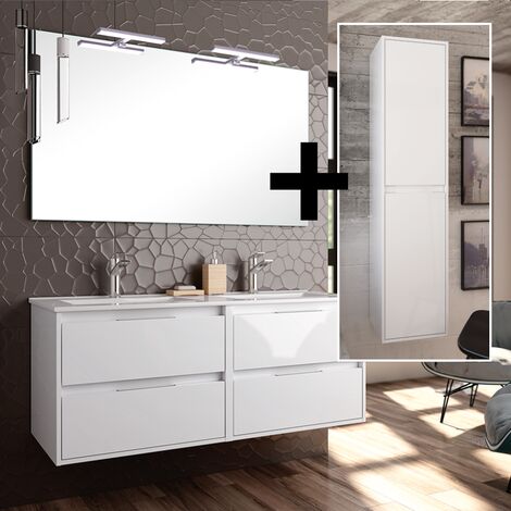 Ensemble meuble de salle de bain 120cm double vasque + colonne de rangement - blanc - IRIS