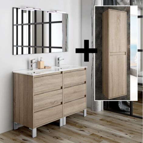 Cosyneo – Ensemble meuble de salle de bain 120 cm double vasque – Colonne de rangement – Matériaux hydrofuges – Miroir avec appliques LED IP44