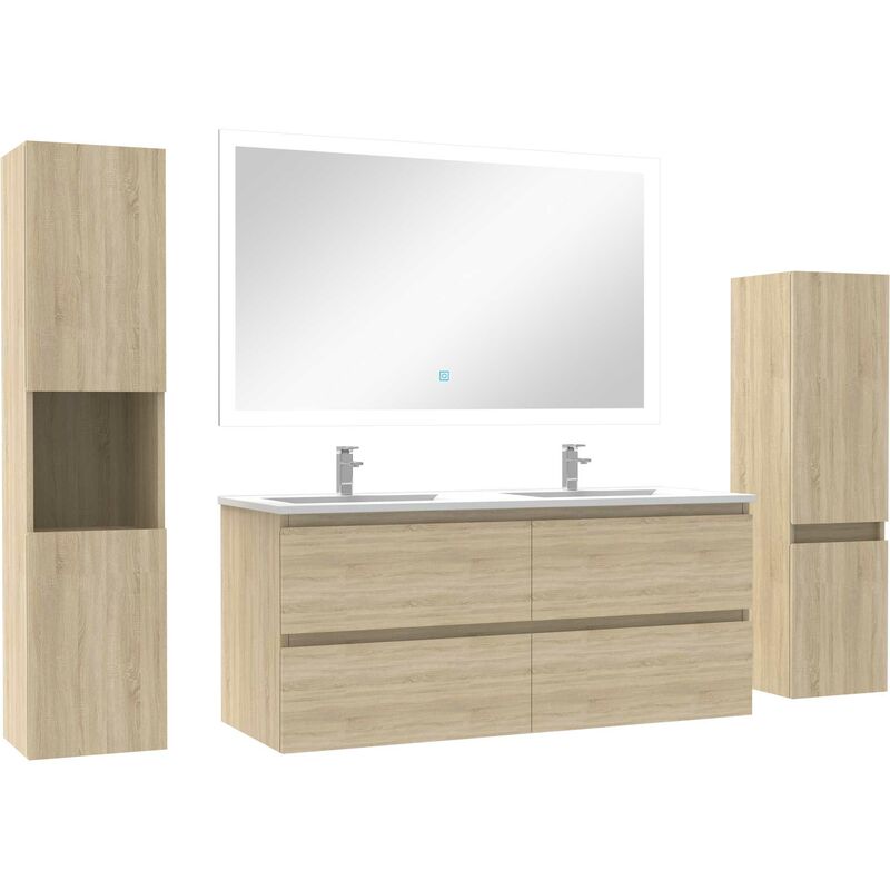 Ensemble meuble de salle de bain 120cm double vasque + colonne de rangement + miroir Chêne Wotan