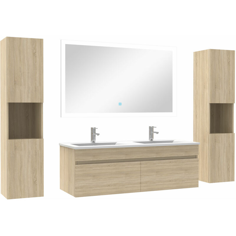 Ensemble meuble de salle de bain 120cm double vasque + colonne de rangement + miroir lumineux Chêne Wotan